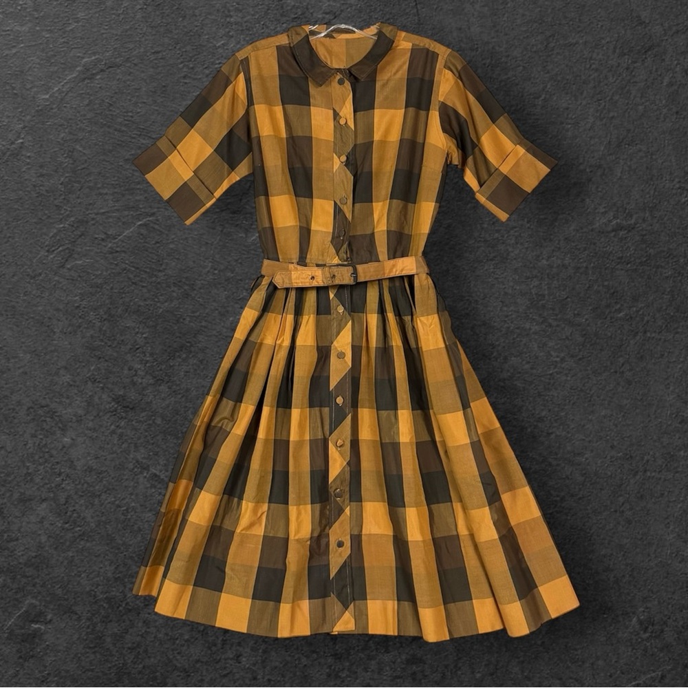Plaid Gold Brown 1950s or 60s Shirtwaist Dress Silk S/M